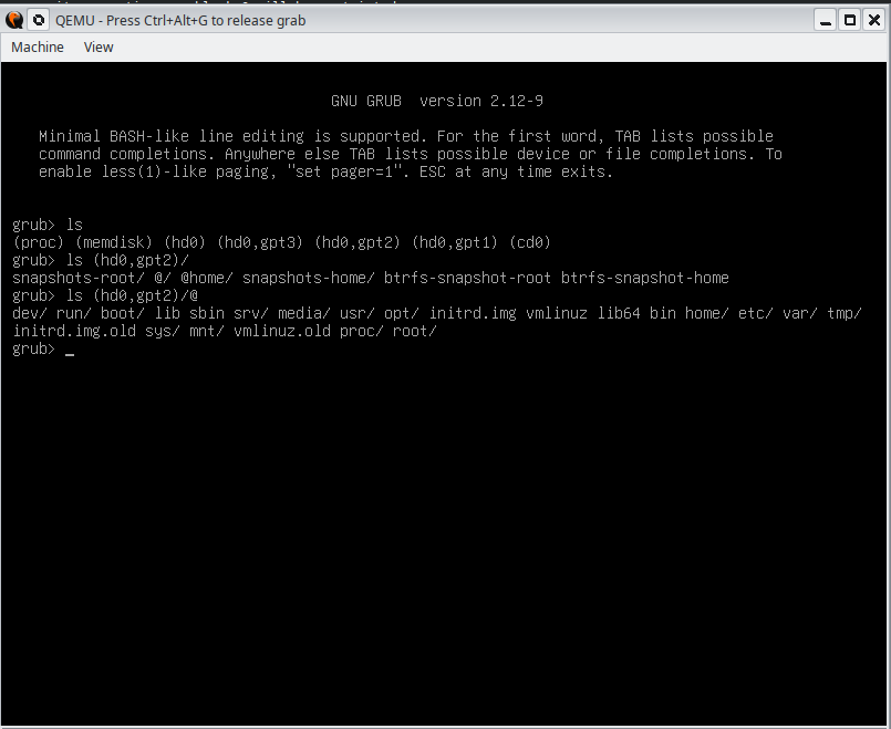 Screenshot of QEMU with a GRUB boot screen and BTRFS subvolumes